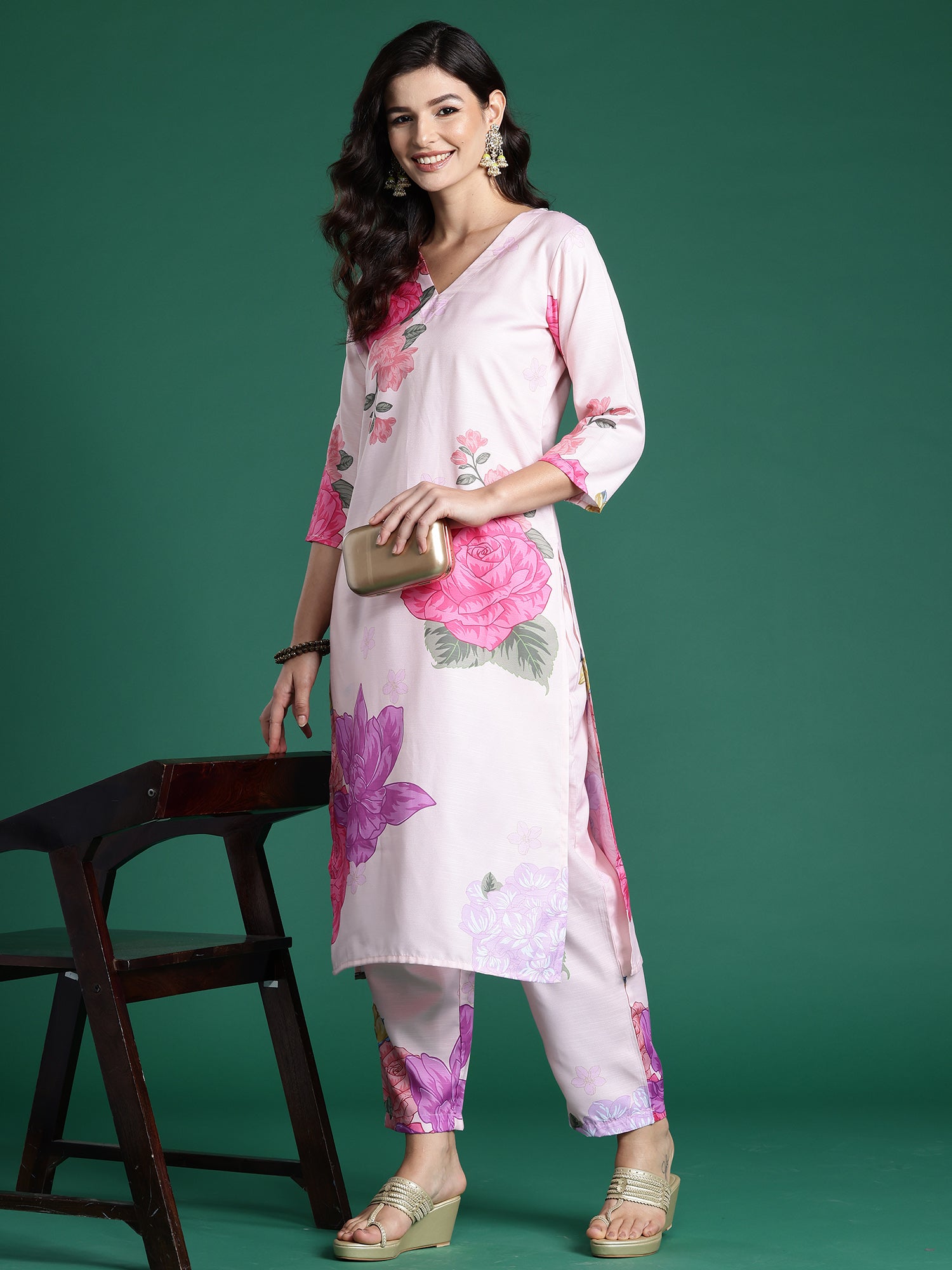 Peach Printed Straight Kurta Trousers  Set