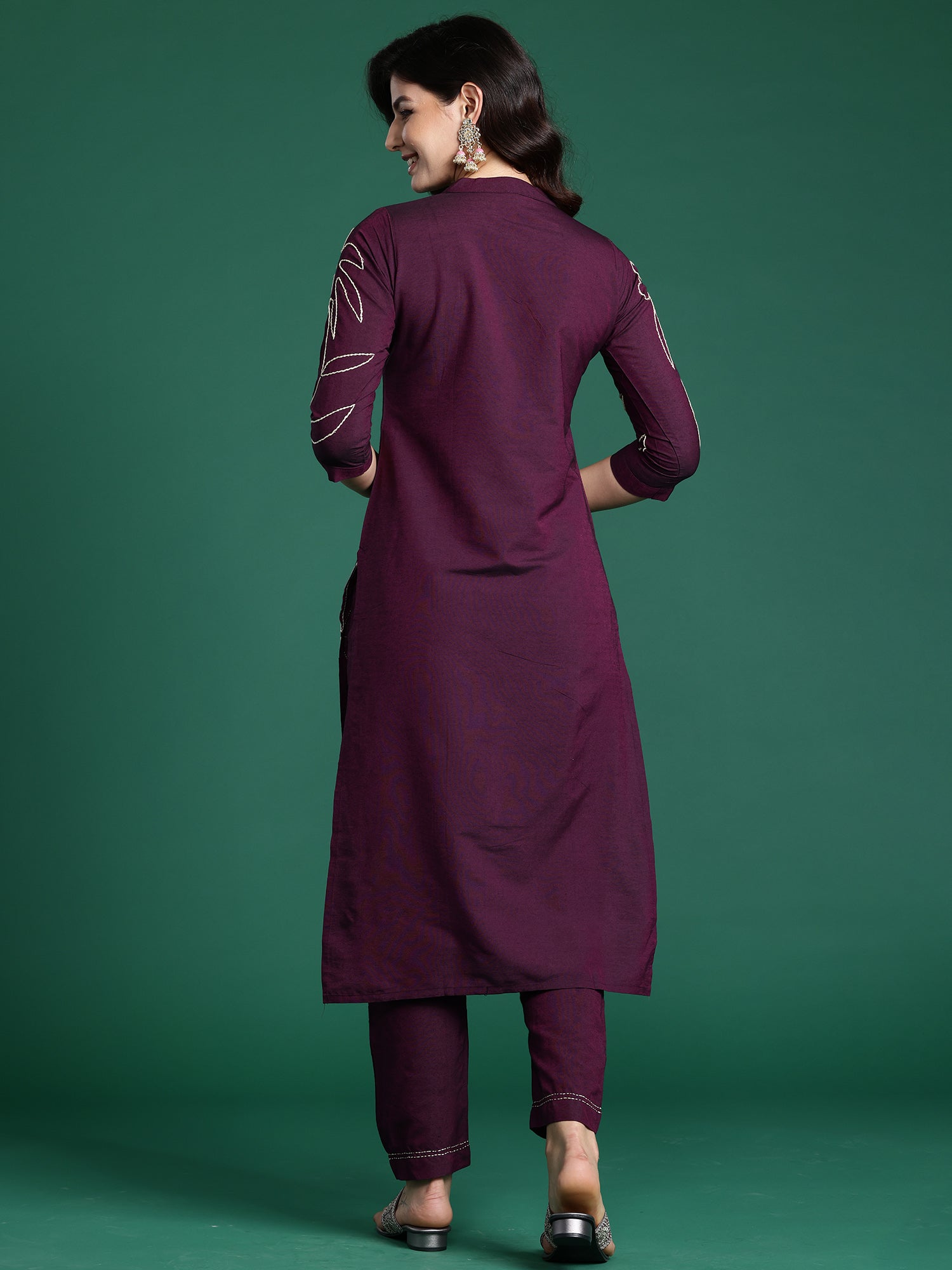 Burgundy Embroidered Straight Kurta Trousers Set