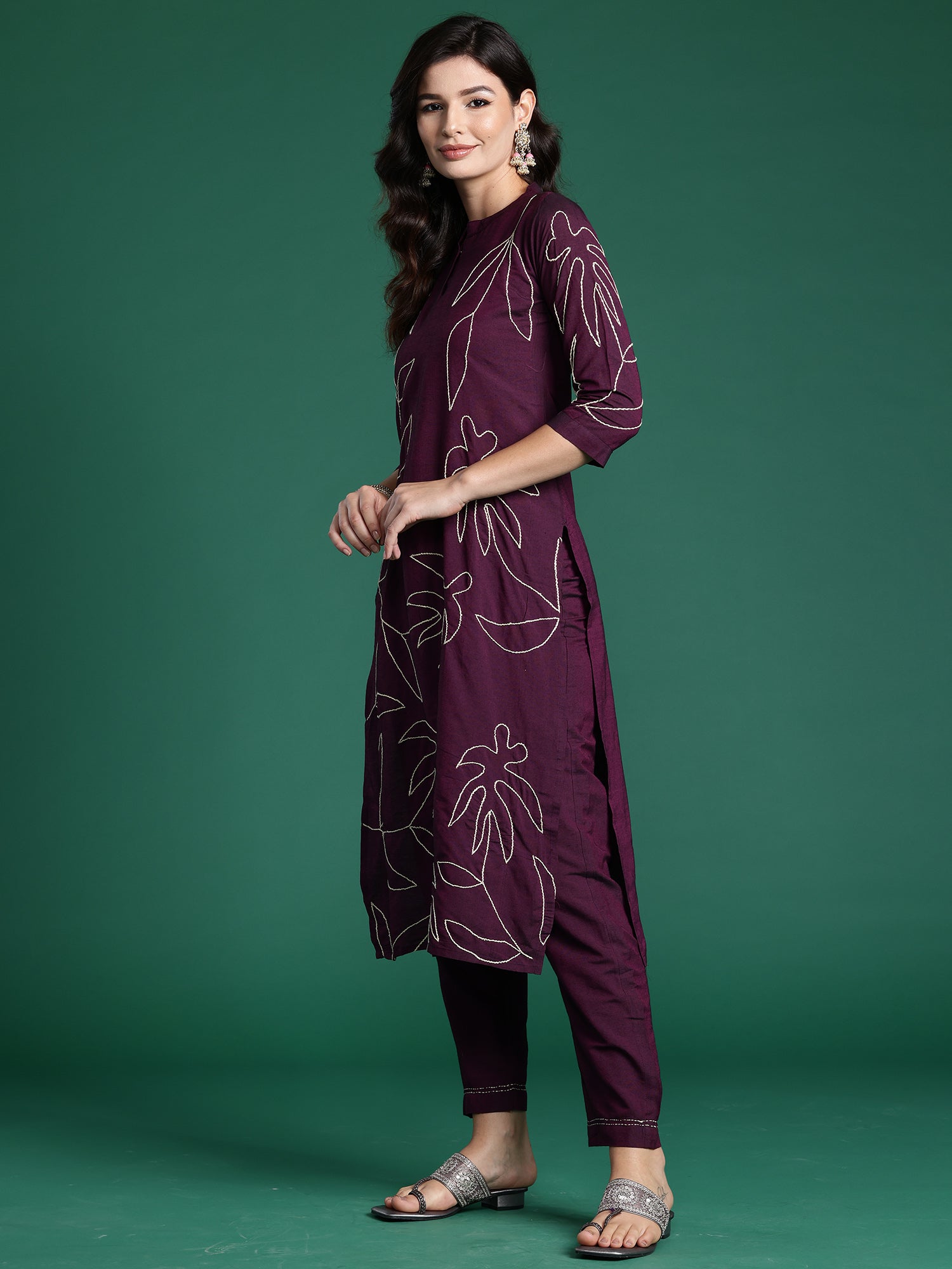 Burgundy Embroidered Straight Kurta Trousers Set