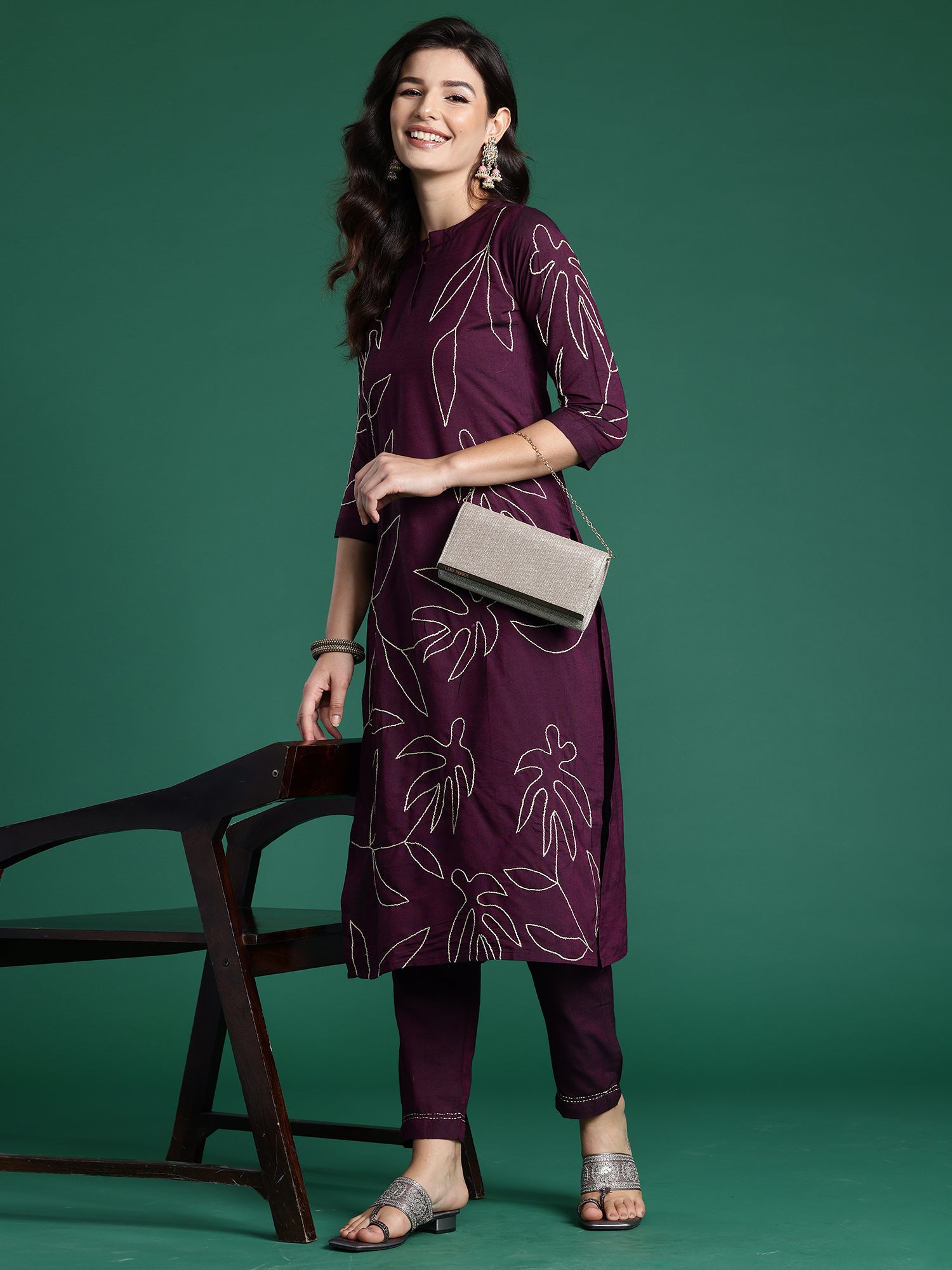 Burgundy Embroidered Straight Kurta Trousers Set