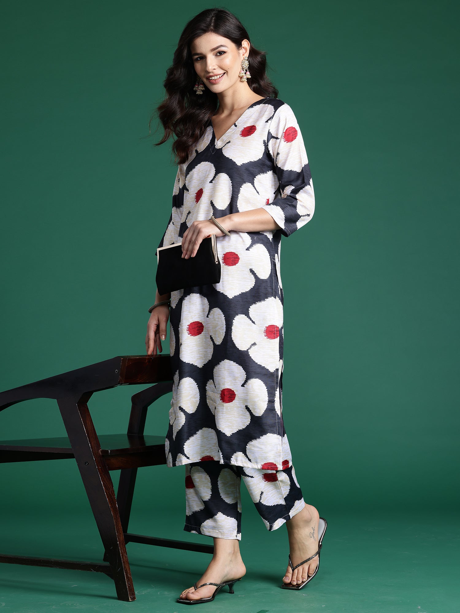 Black Printed Straight Kurta Trousers  Set