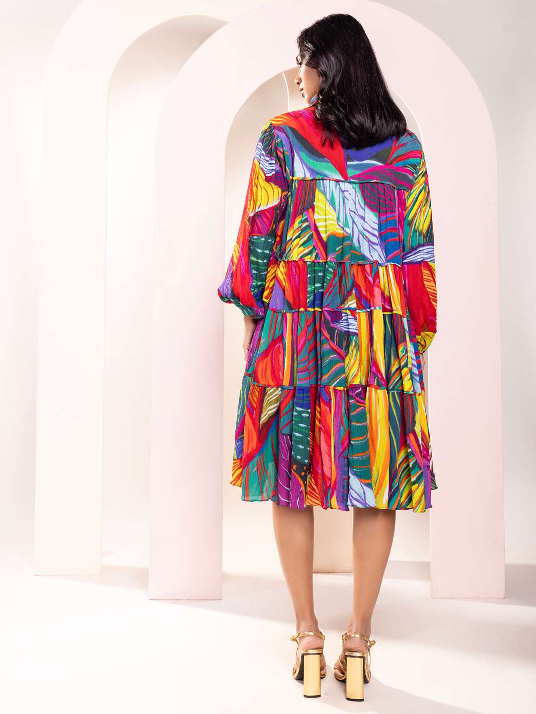 Leafora Printed Tiered Shirt Dress