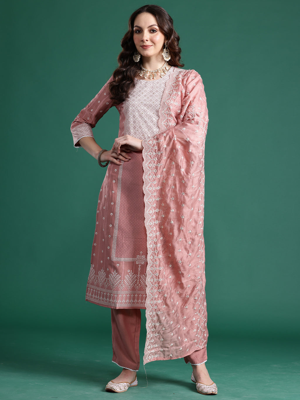 Indo Era Mauve Woven Design Straight Kurta Trousers With Dupatta Set- IE