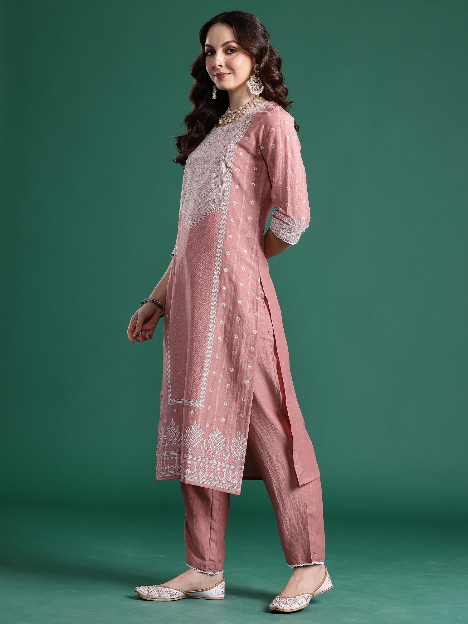 Indo Era Mauve Woven Design Straight Kurta Trousers With Dupatta Set- IE
