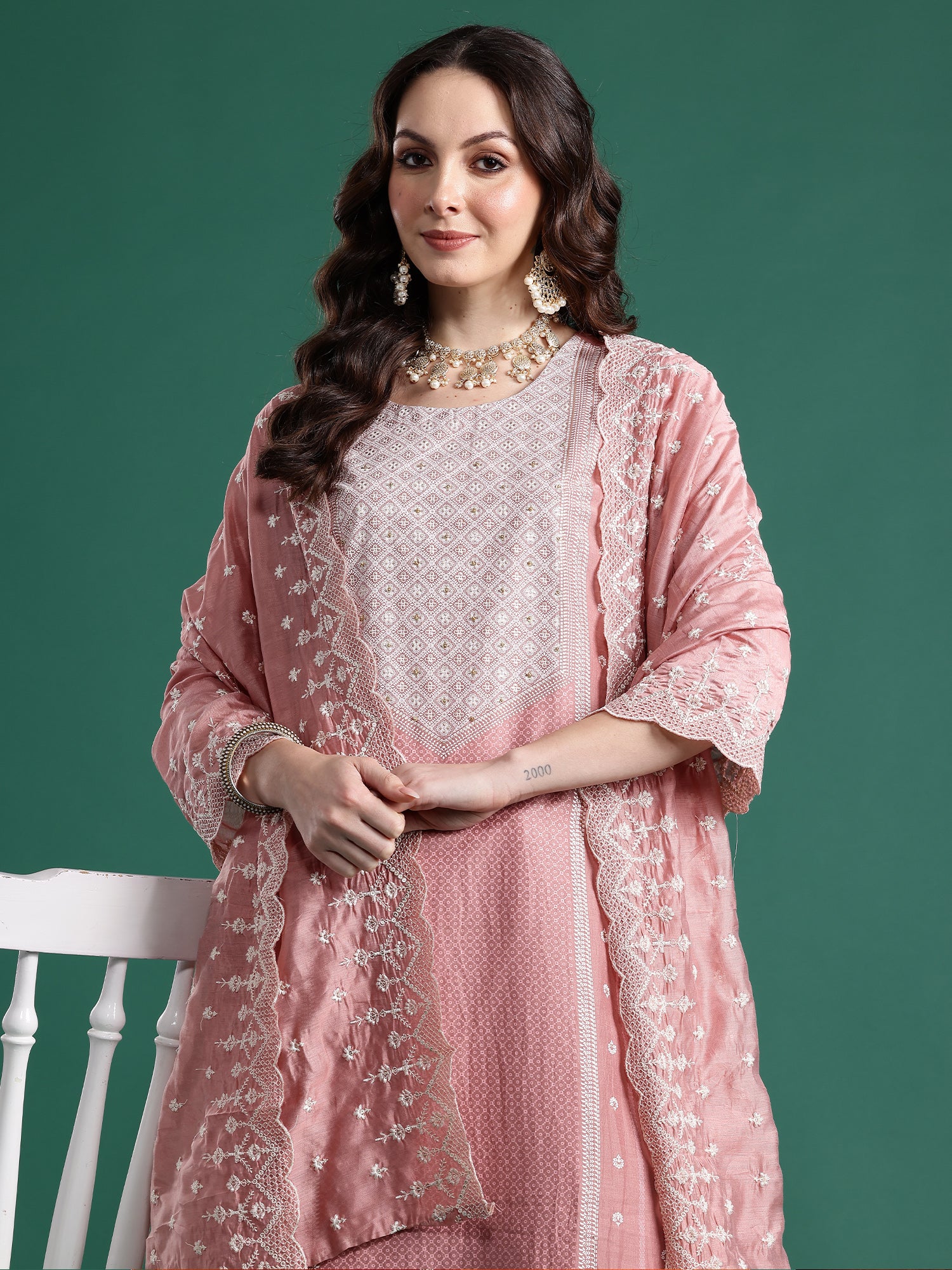 Indo Era Mauve Woven Design Straight Kurta Trousers With Dupatta Set- IE