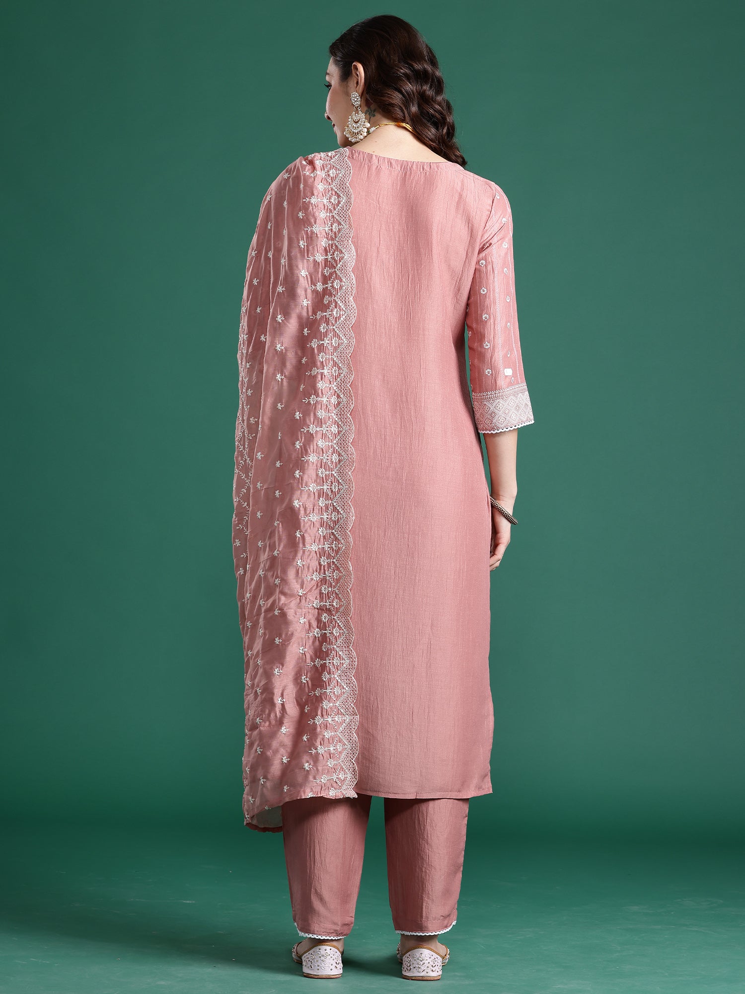 Indo Era Mauve Woven Design Straight Kurta Trousers With Dupatta Set- IE