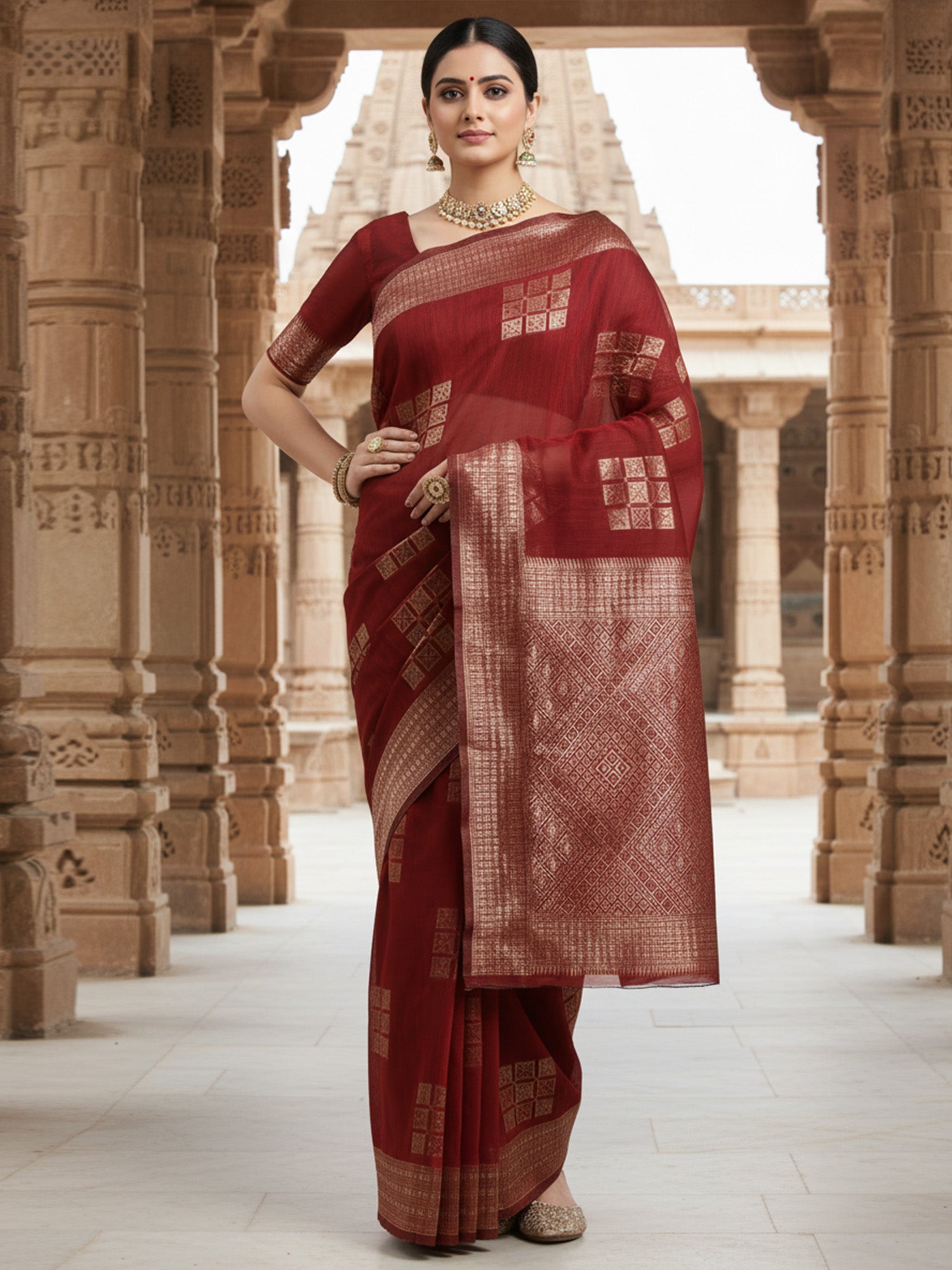 Linen Rust WovenDesign Wovensaree With Blouse Piece