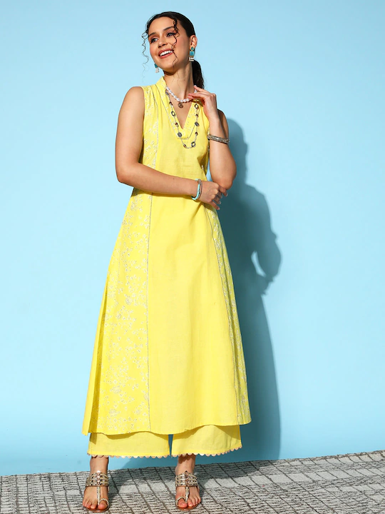 Yellow Printed Pure Cotton Kurta Palazzo Set-AH