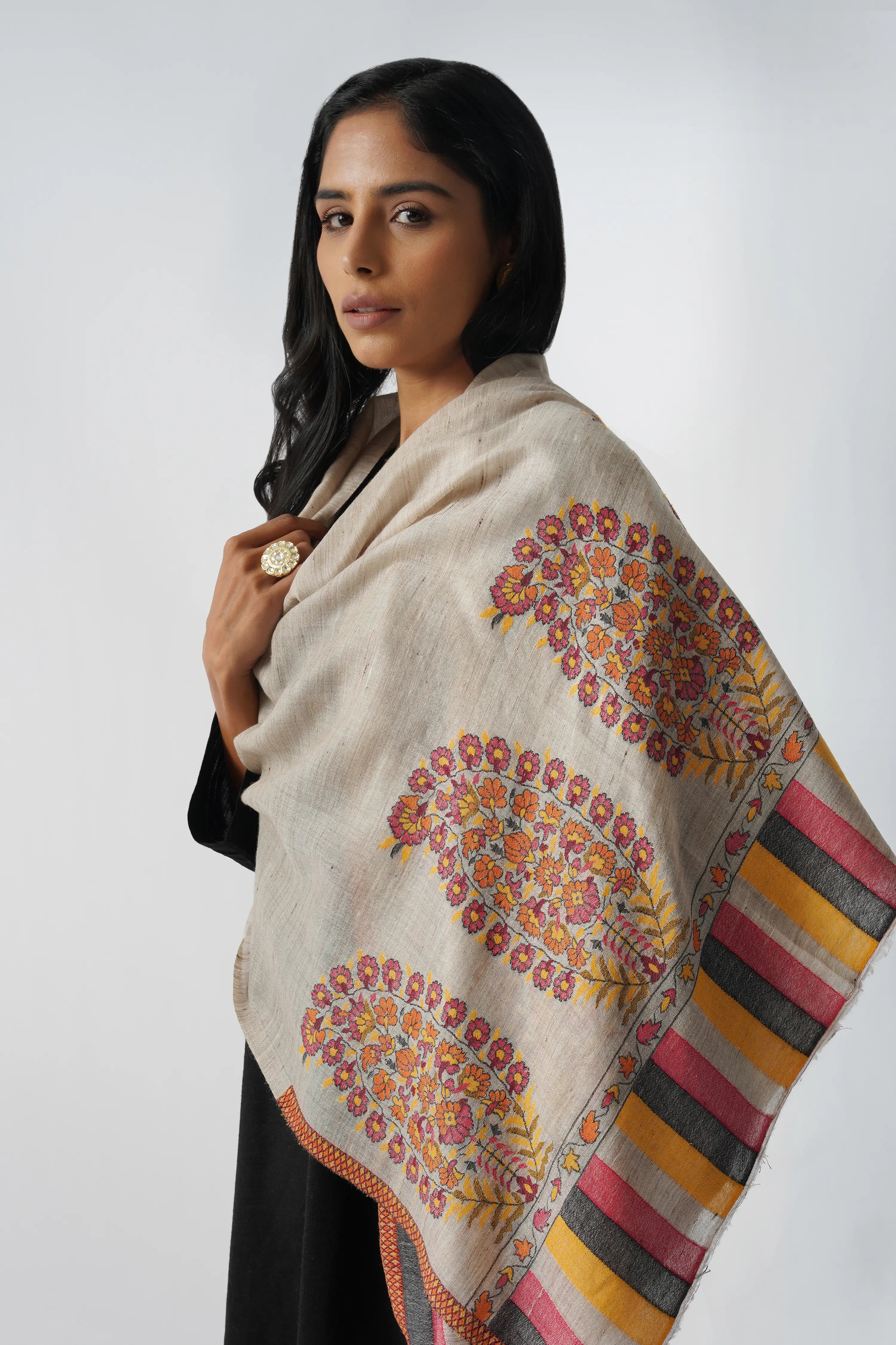 Rangeela Paisley Rich Wool Embroidered Beige Stole