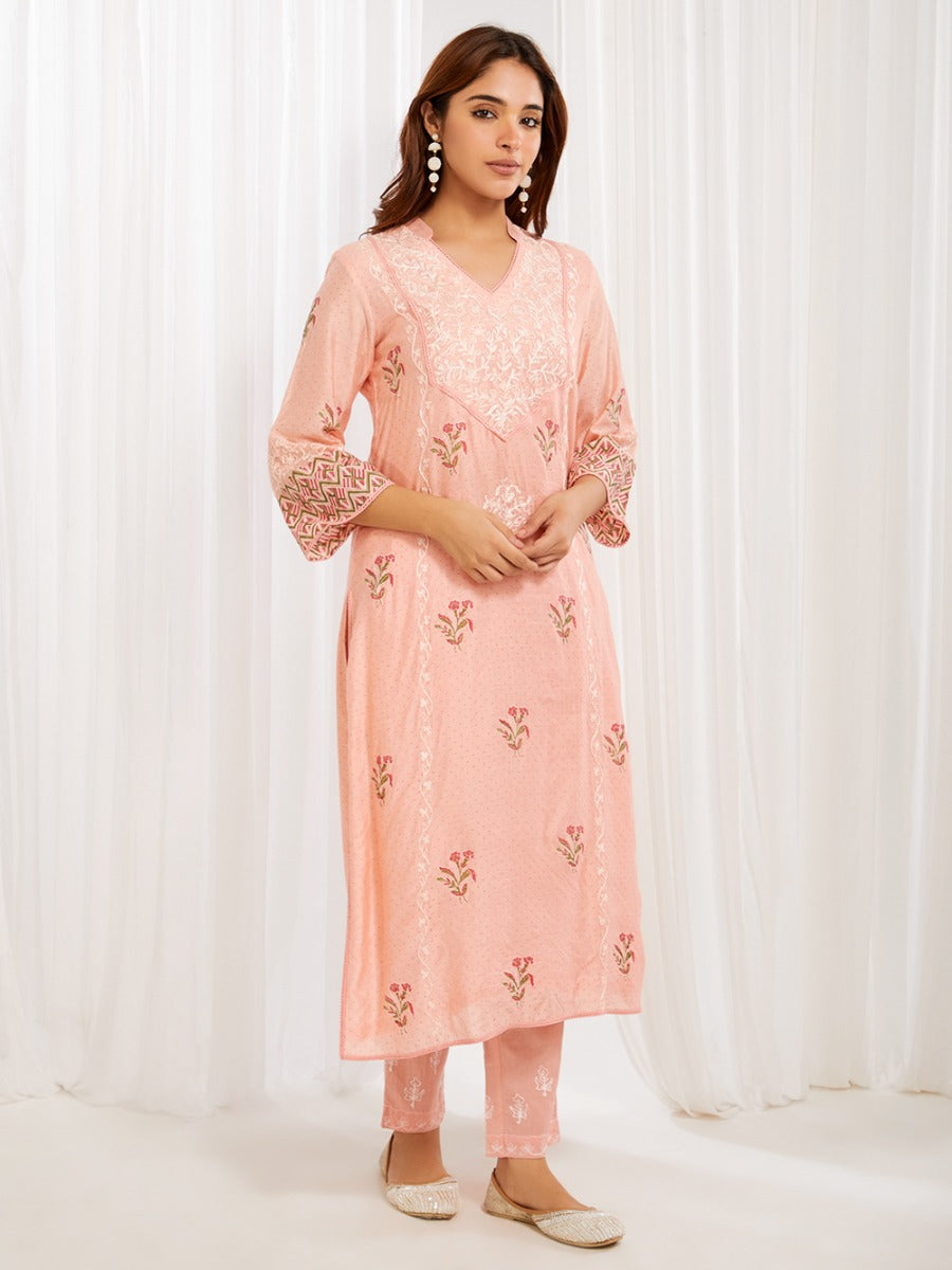 Peach Aari Embroidered Cotton Pants