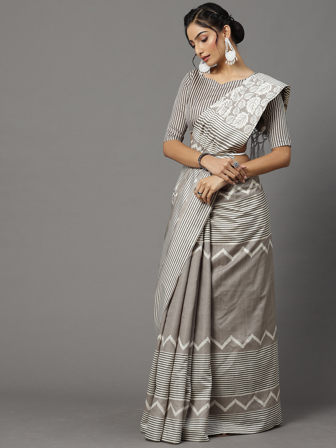 Bhagalpuri Silk Grey Printed Designer Saree With Blouse