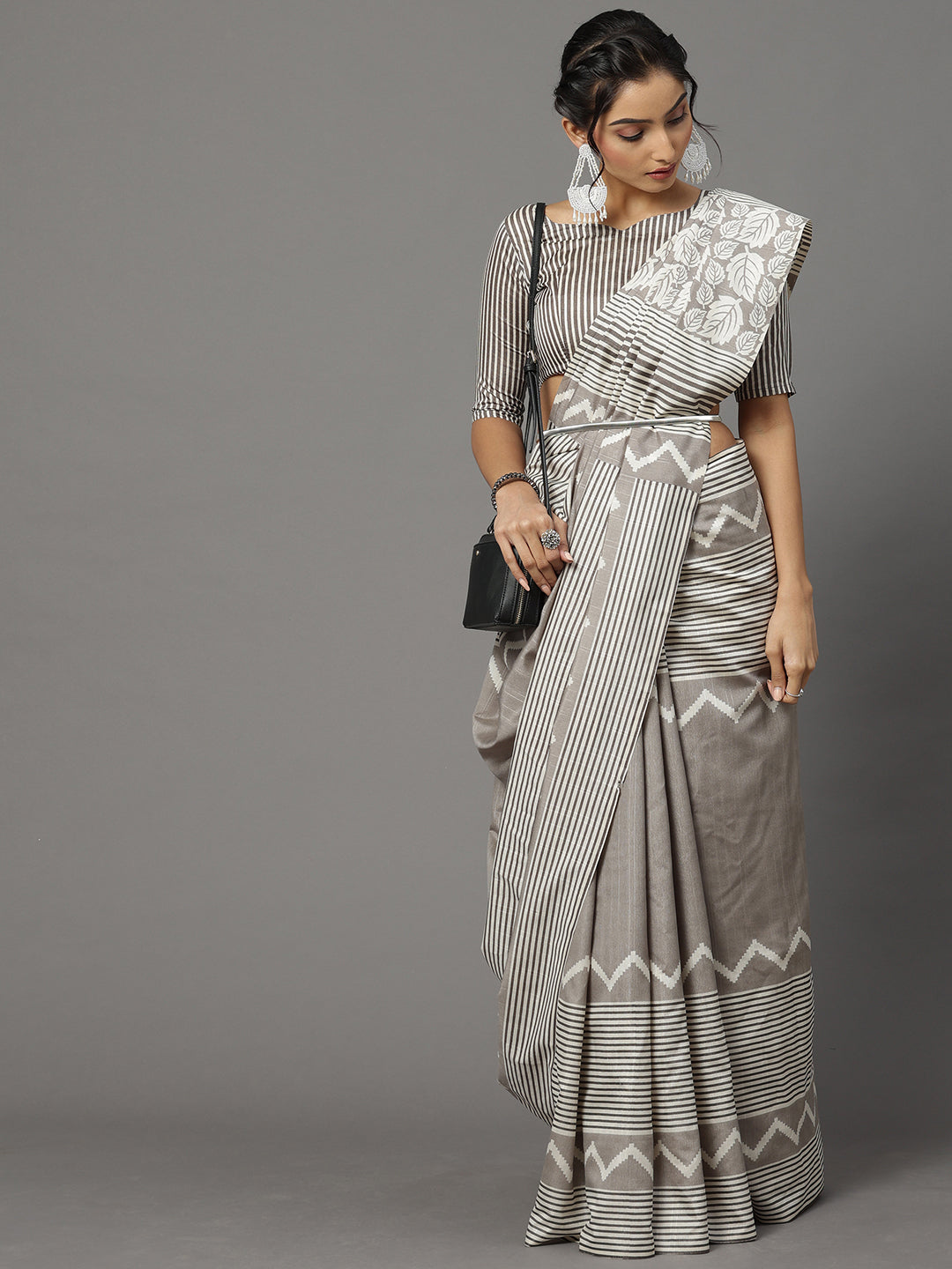 Bhagalpuri Silk Grey Printed Designer Saree With Blouse