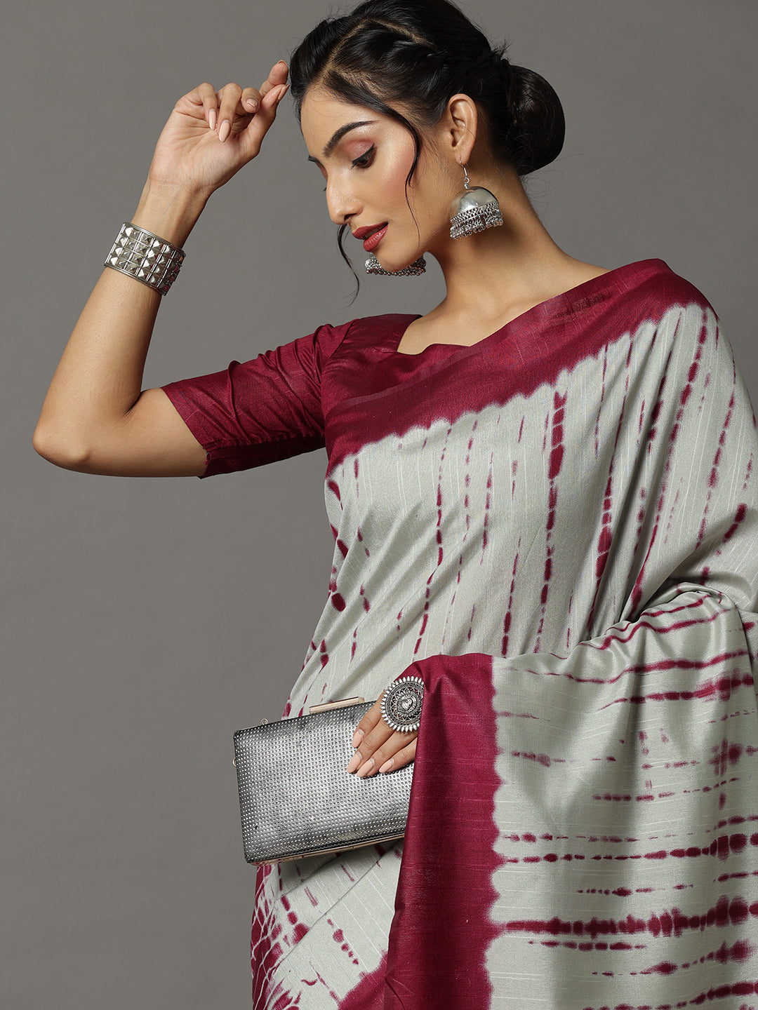 Bhagalpuri Silk Grey Printed Designer Saree With Blouse