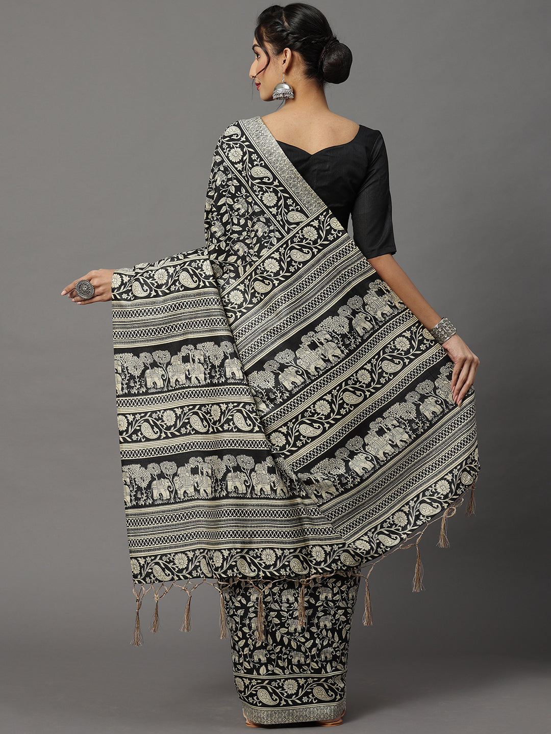 Bhagalpuri Silk Black Printed Designer Saree With Blouse