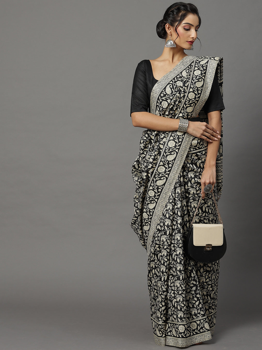 Bhagalpuri Silk Black Printed Designer Saree With Blouse