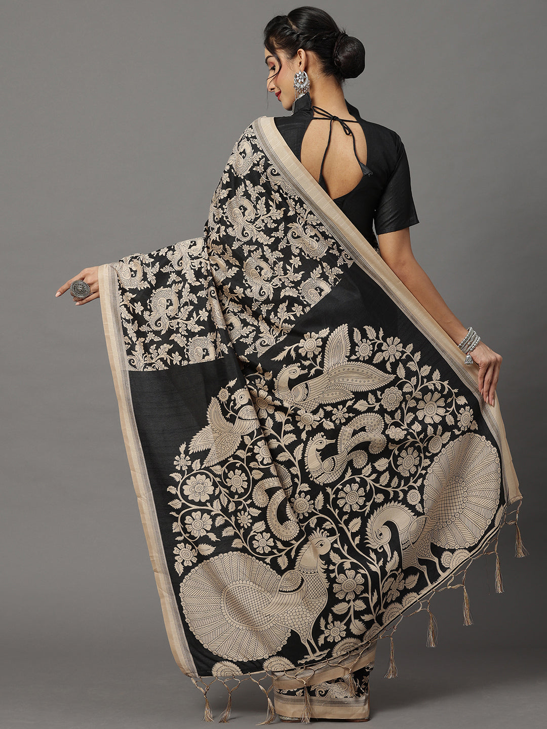 Bhagalpuri Silk Black Printed Designer Saree With Blouse