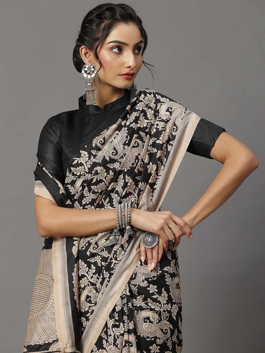 Bhagalpuri Silk Black Printed Designer Saree With Blouse