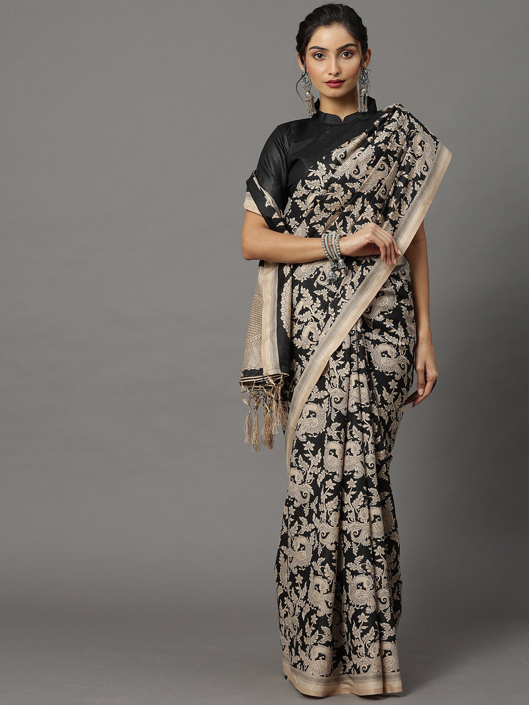 Bhagalpuri Silk Black Printed Designer Saree With Blouse