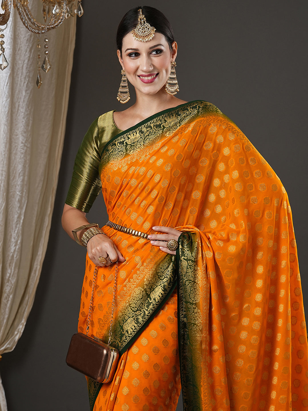 Georgette Yellow Woven Design Designer Saree With Blouse