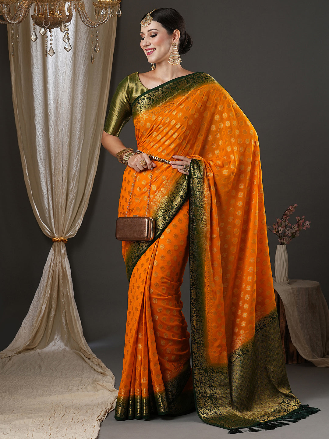 Georgette Yellow Woven Design Designer Saree With Blouse