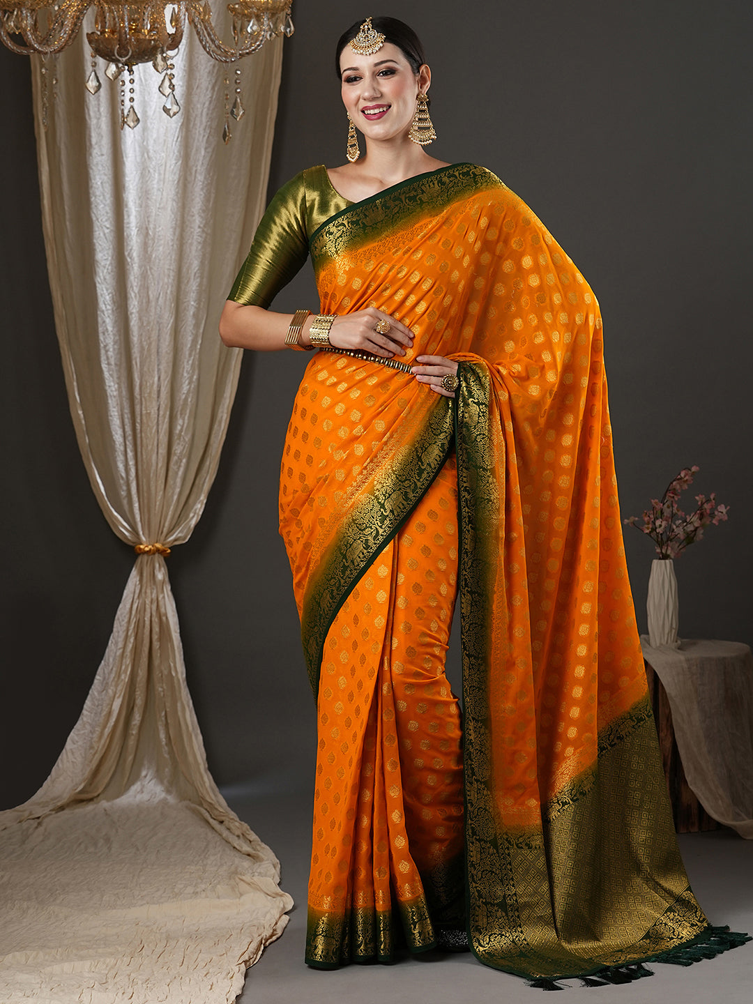 Georgette Yellow Woven Design Designer Saree With Blouse