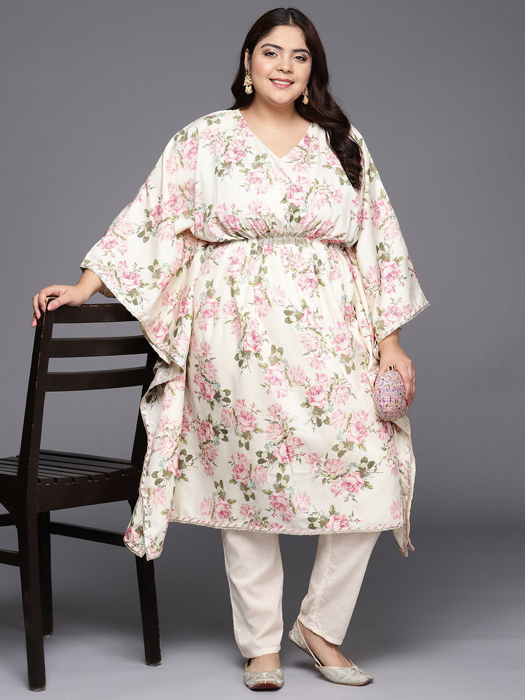 Off White Plus Size Floral Printed Kaftan Kurta