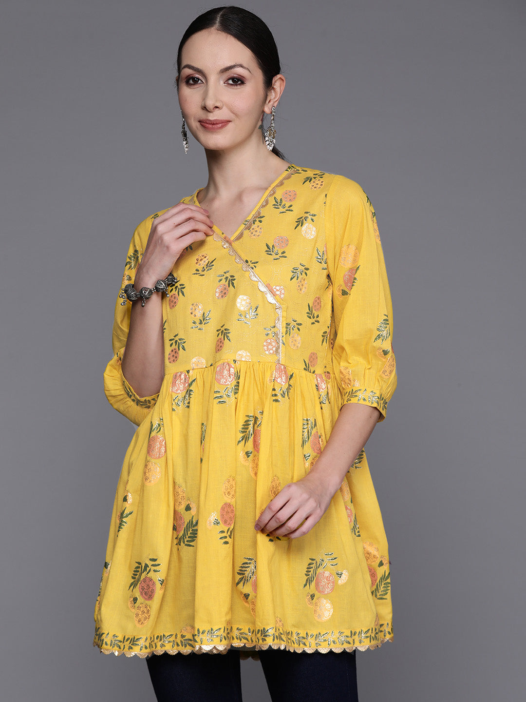 Mustard Yellow & Green Floral Printed Embellished Pure Cotton Tunic