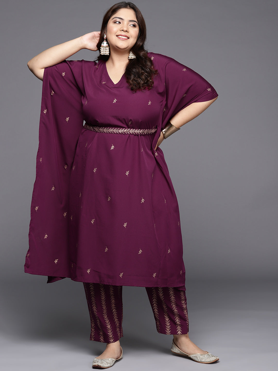 Burgundy & Gold Printed Plus Size Kaftan Kurta with Trousers