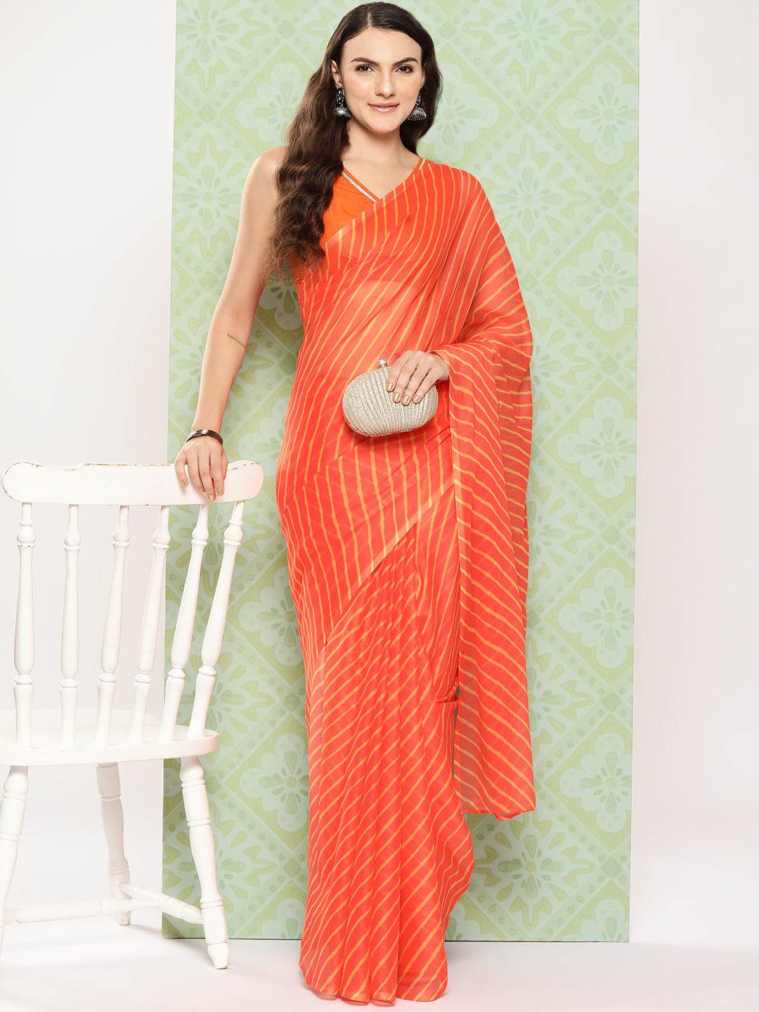 Orange Leheriya Print Poly Chiffon Saree