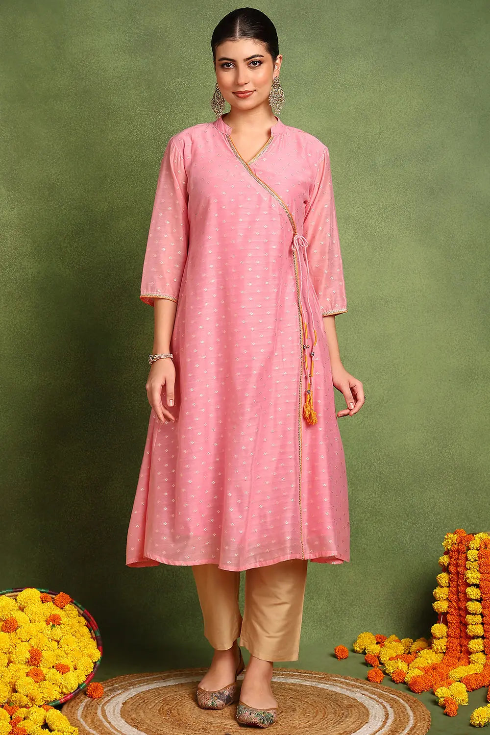 Pink Khari Printed Chanderi Silk Angrakha Kurta