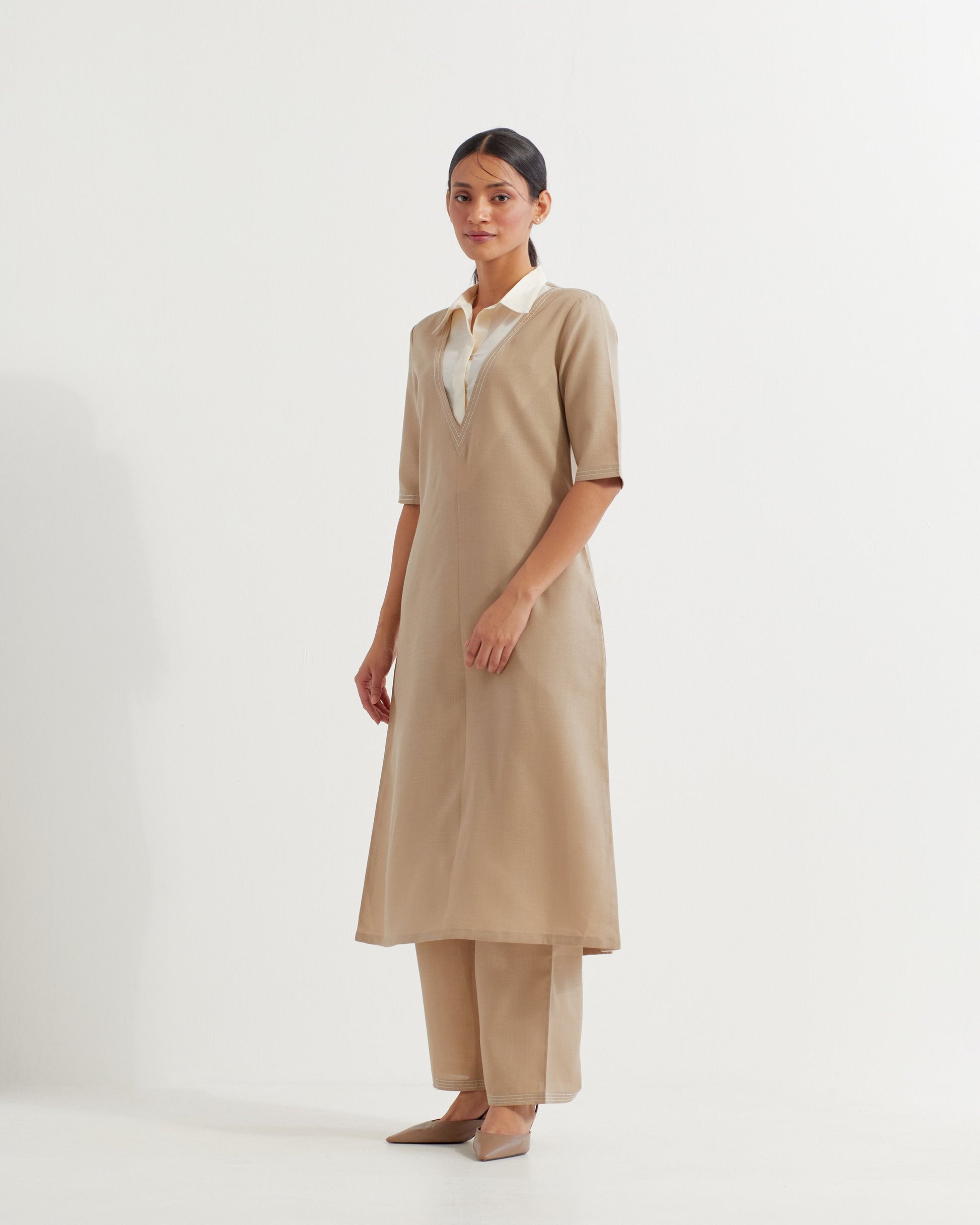 Beige Collared Co-ord Set (Set of 2)- IC