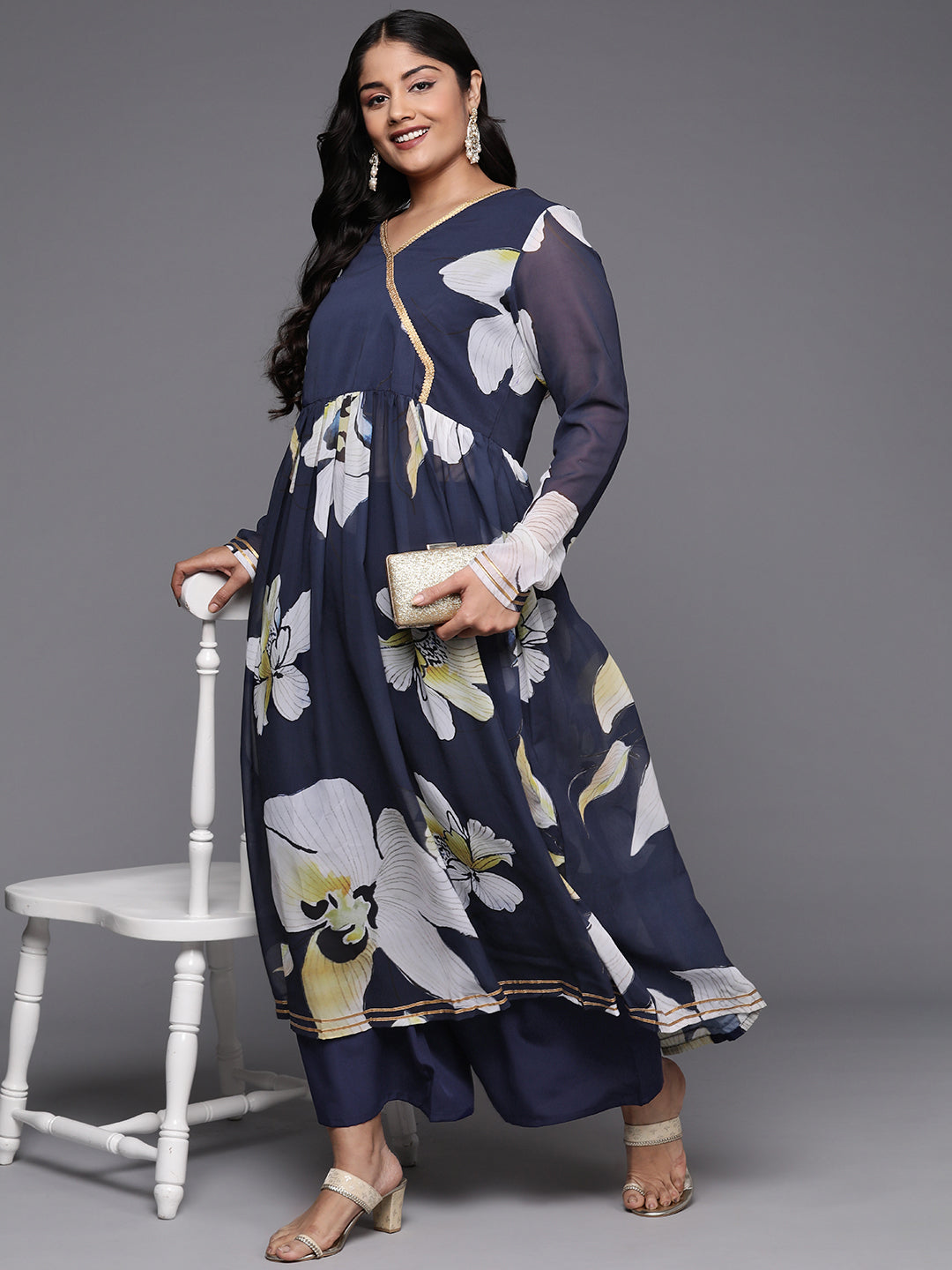 Plus Size Floral Printed Zari Angrakha Kurta with Palazzos