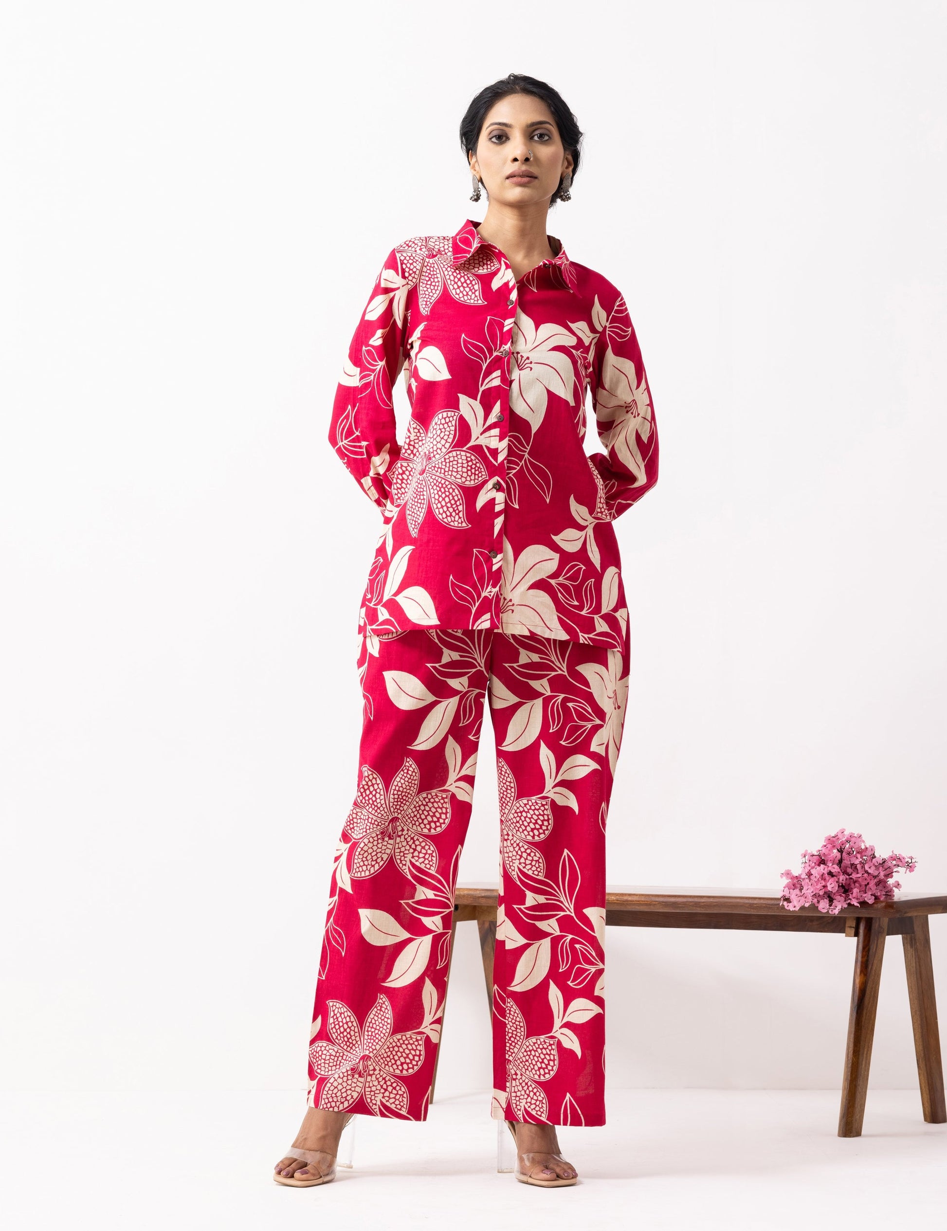 Crimson Red Block Printed Caroline Co-ord Set (Set of 2)- IC