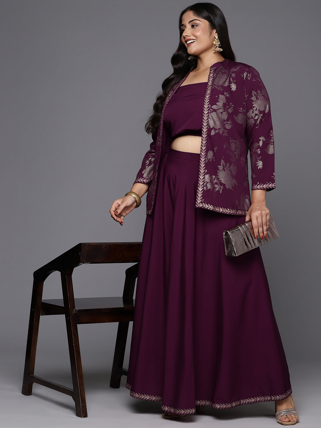 Burgundy & Gold Printed Plus Size Ethnic Co-ords