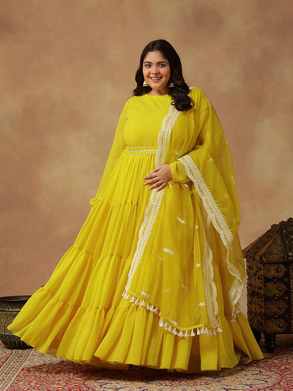 Plus Size Round Neck Georgette Zari Tiered Anarkali Kurta With Dupatta & Belt - ID