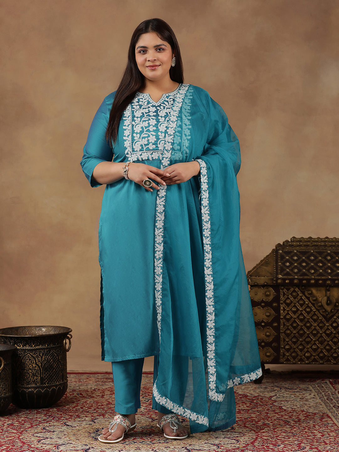Plus Size  Floral Yoke Design Thread Work Straight Kurta With Trouser & Dupatta - ID