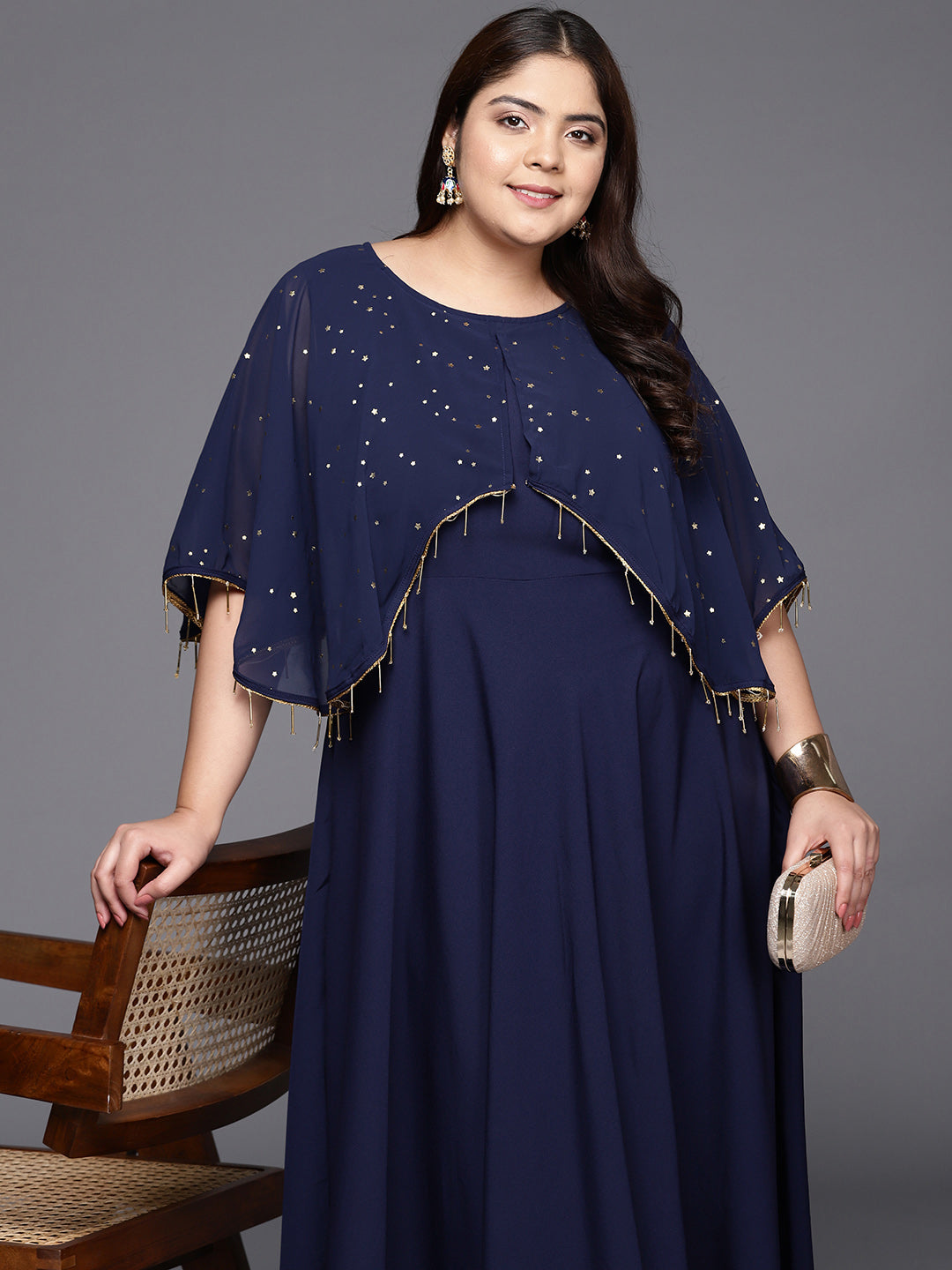 Navy Blue Plus Size Round neck Maxi Ethnic Dress-AH