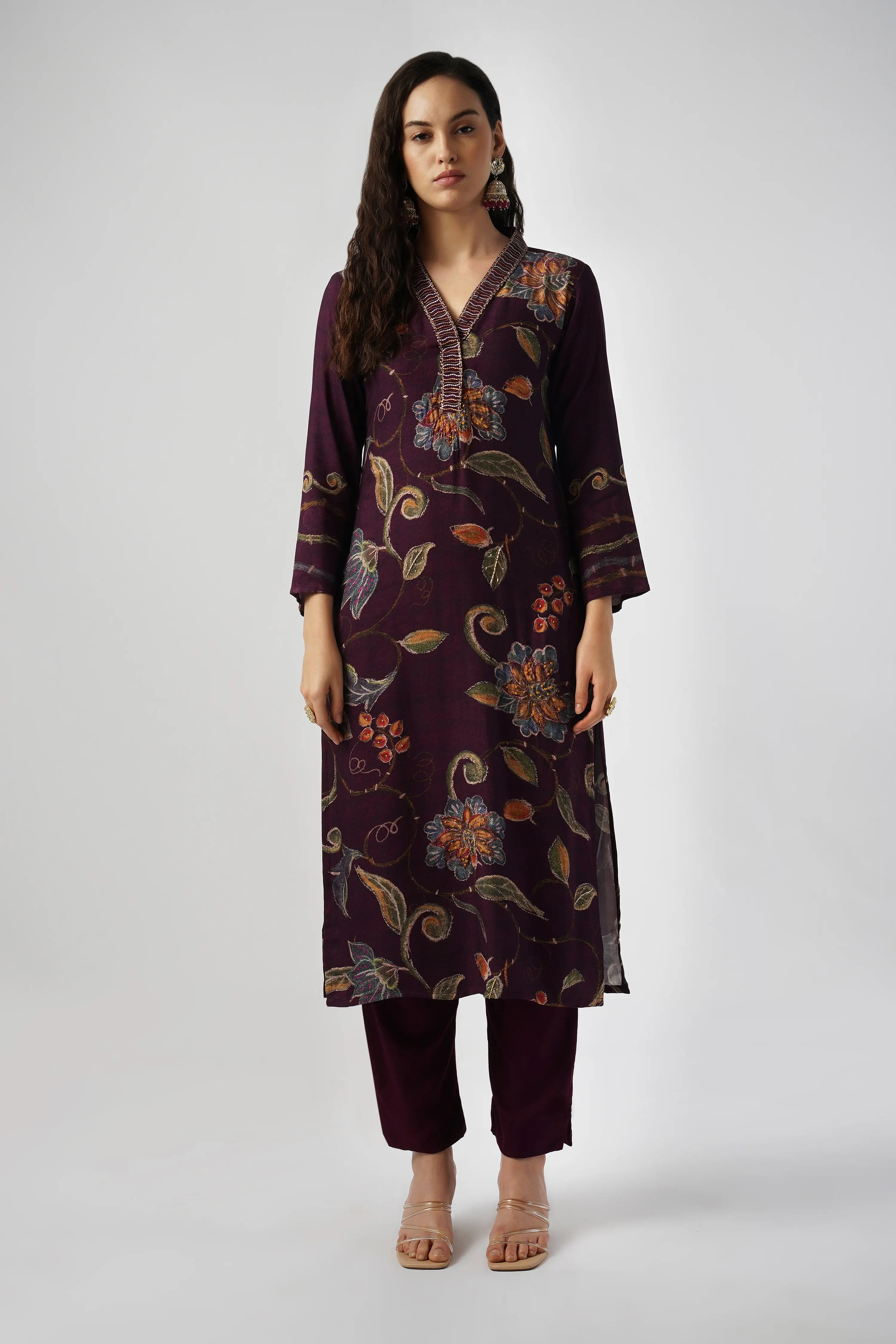 Deep Purple Pure Pashmina Wool Designer Kurta Set with Embroidery