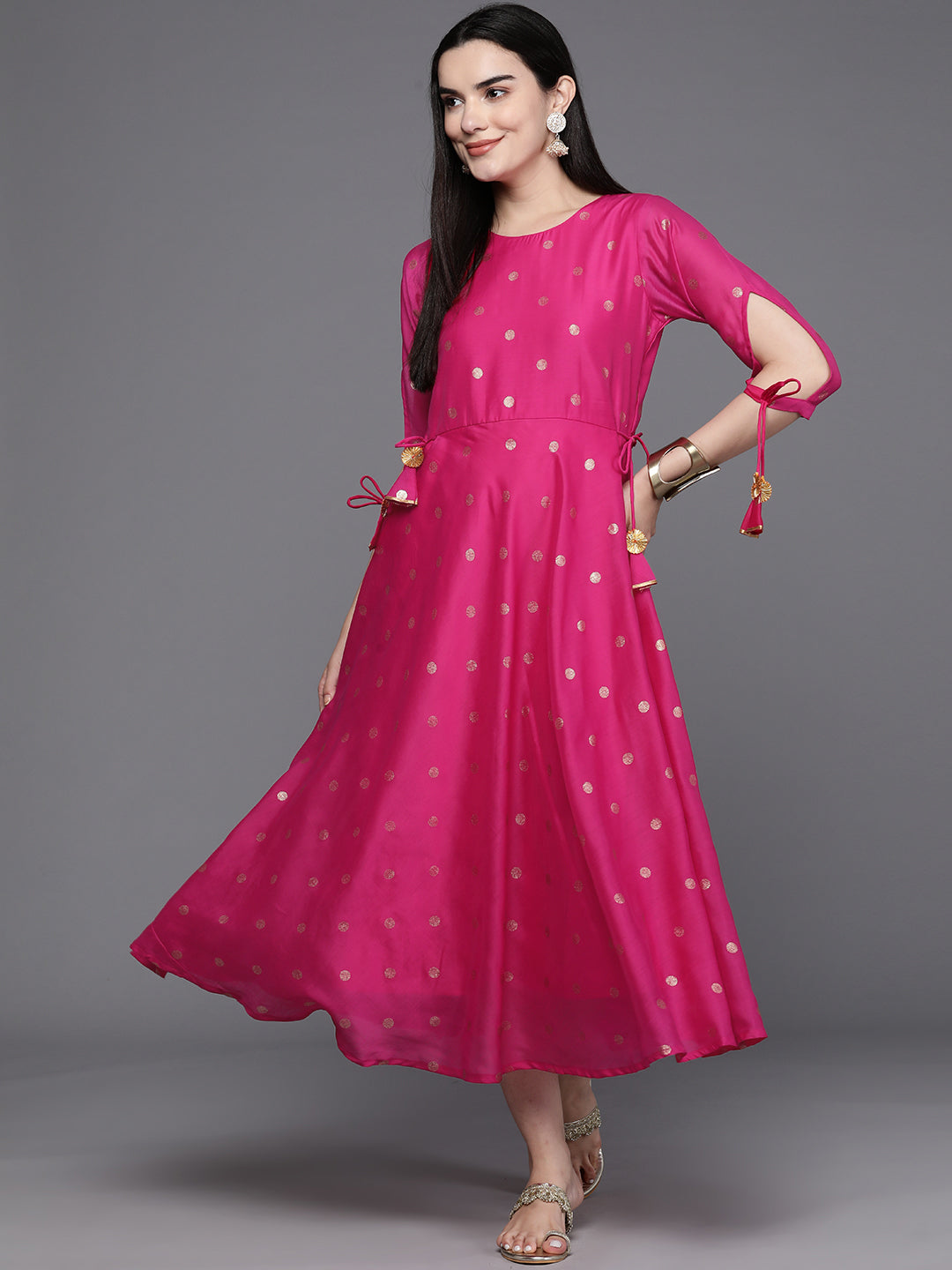 Women Foil Printed A-Line Midi Ethnic Dress