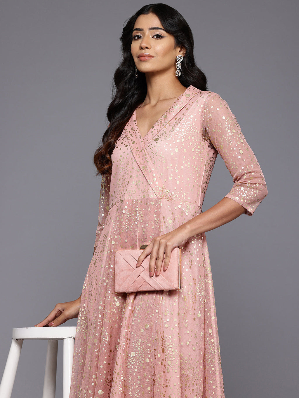 Polka Dots Printed Maxi Wrap Ethnic Dress-AH