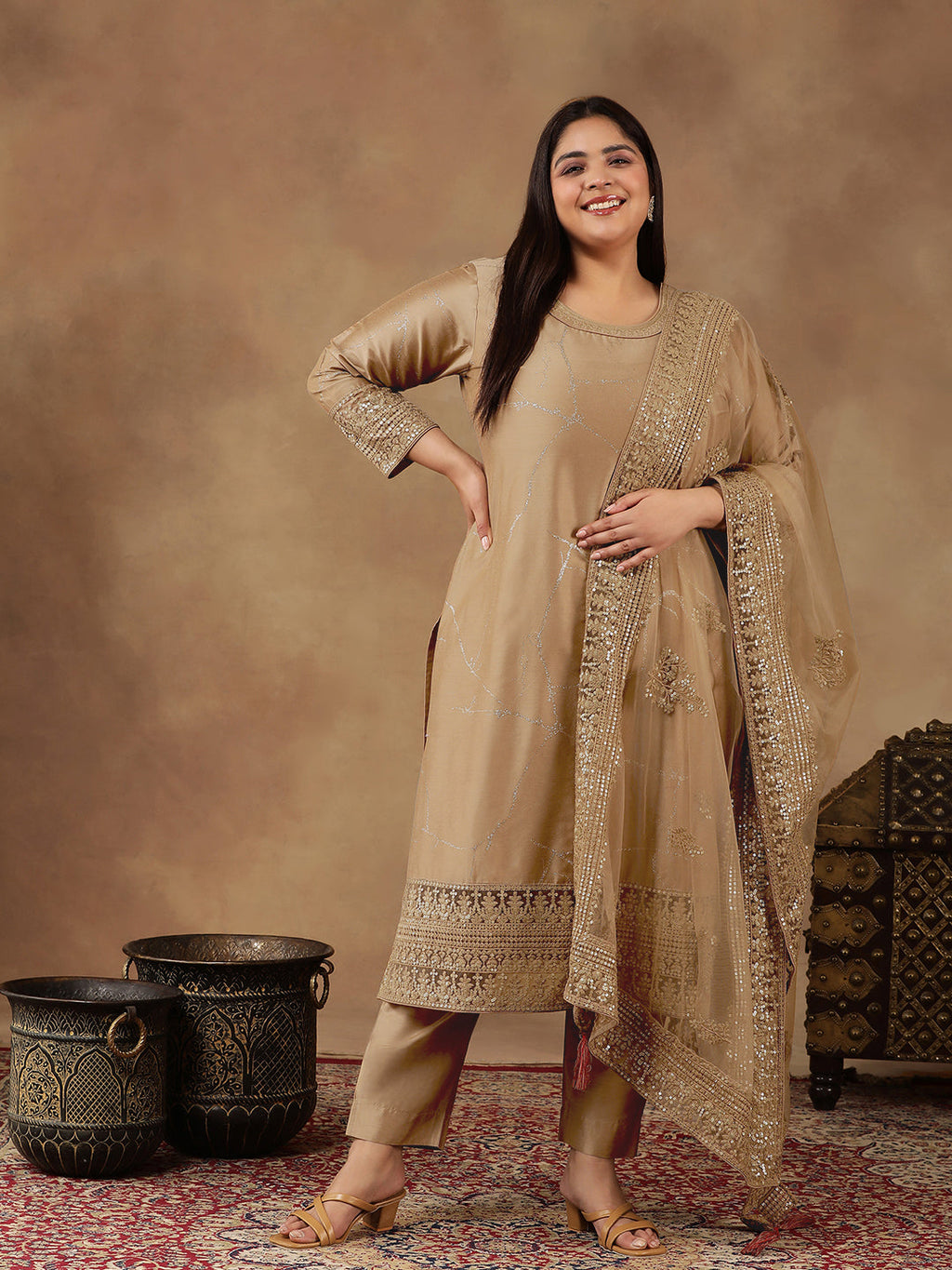 Plus Size Abstract Printed & Embroidered Kurta With Trousers & Dupatta - ID