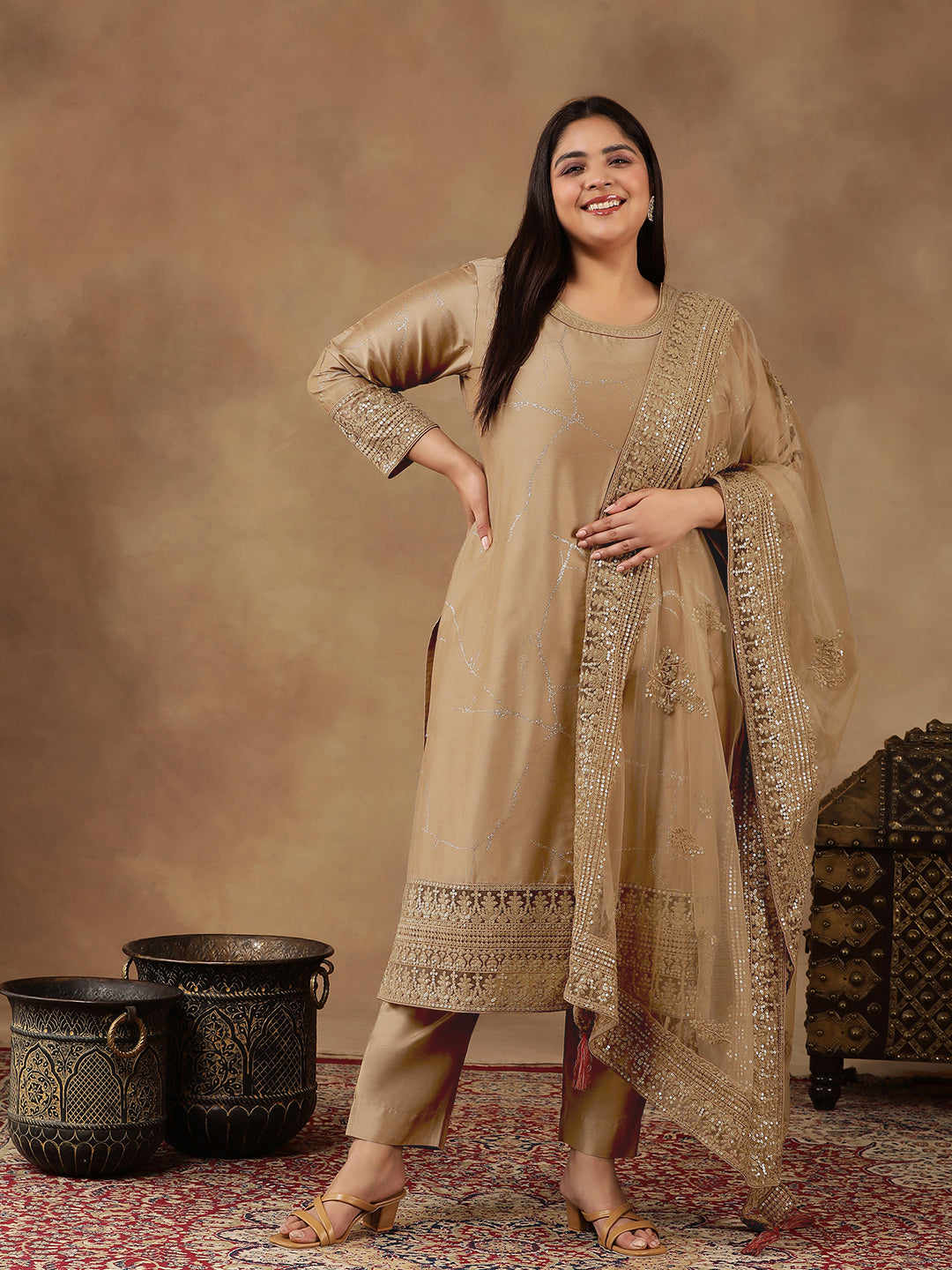 Plus Size Abstract Printed & Embroidered Kurta With Trousers & Dupatta - ID
