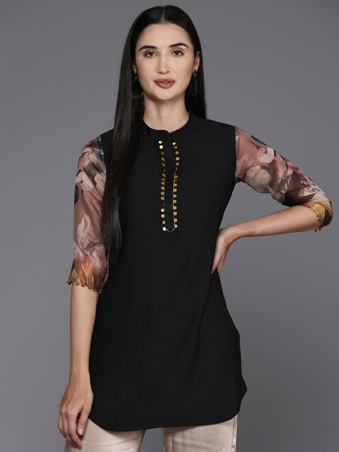 Black & Brown Printed Sequined Tunic-AH
