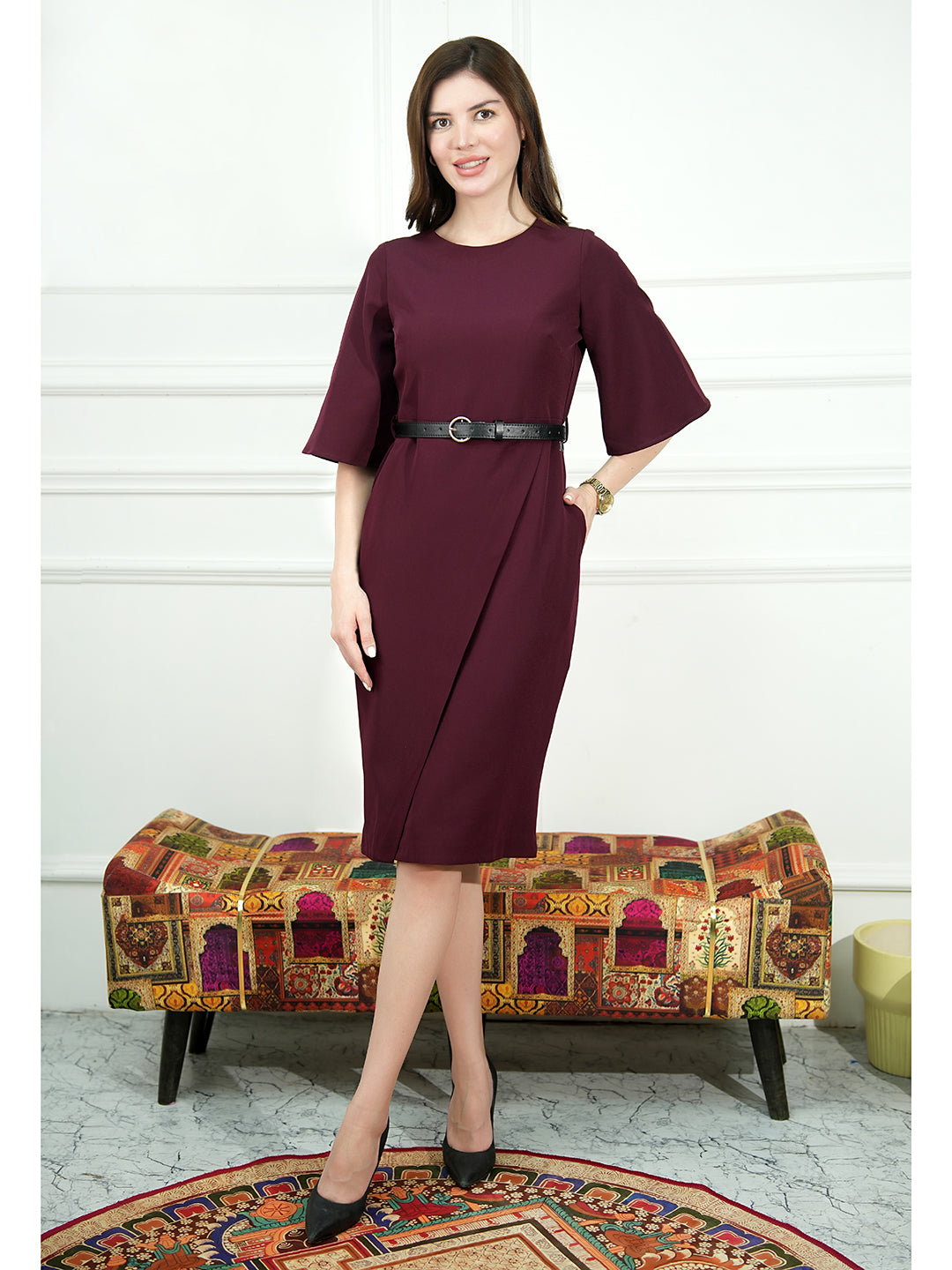 Exude Bliss Bell Sleeve Dress with Belt