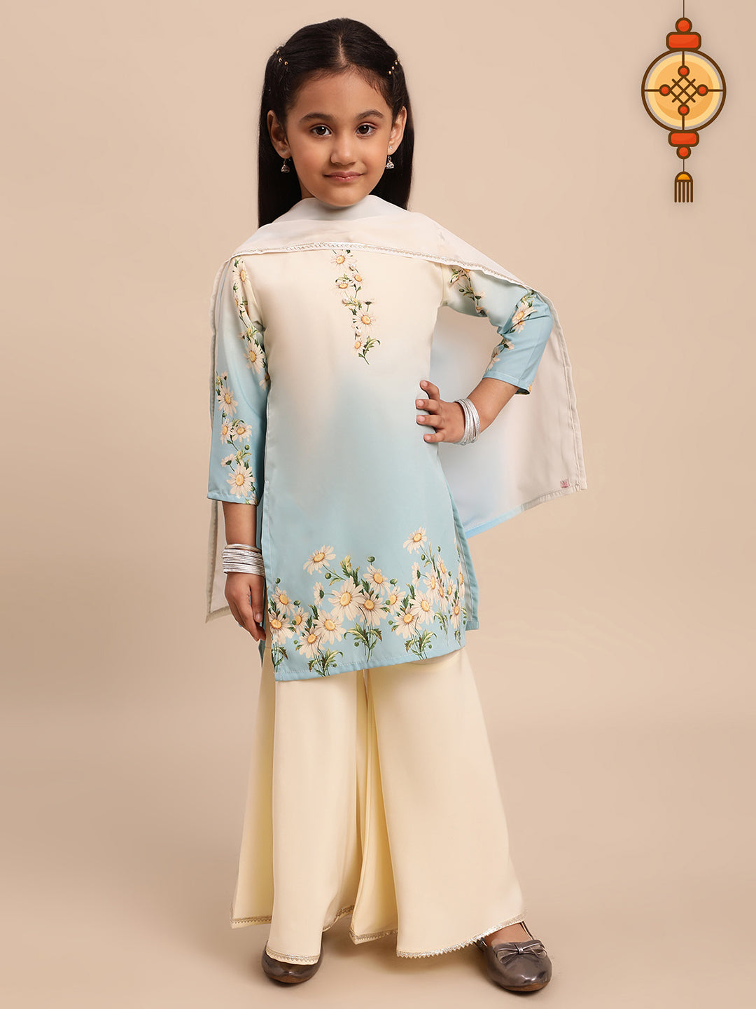 Beige & Blue Floral Printed Girls Kurta Set