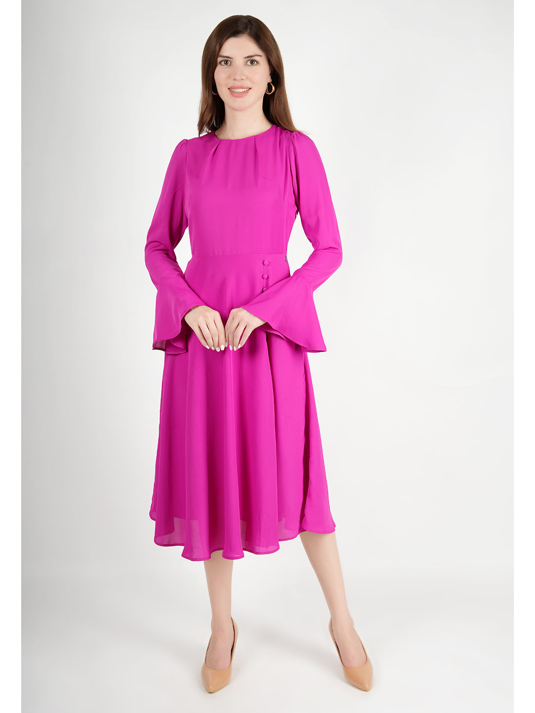 Exude Gleaming Fit & Flare Dress with Long Sleeves