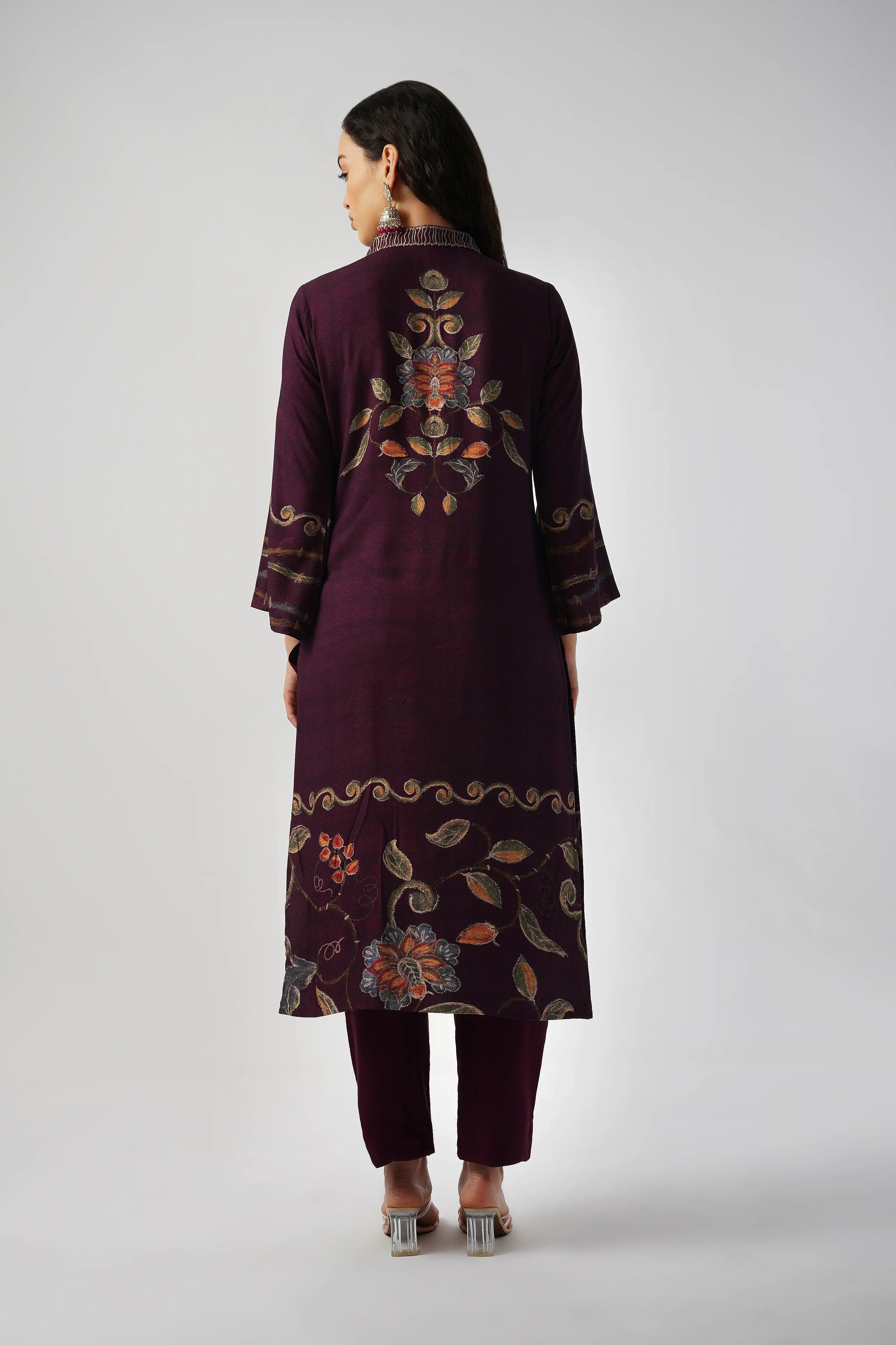 Deep Purple Pure Pashmina Wool Designer Kurta Set with Embroidery