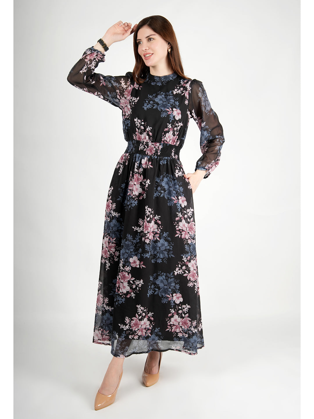 Exude Shimmer Black Floral Maxi Dress with Sleeves