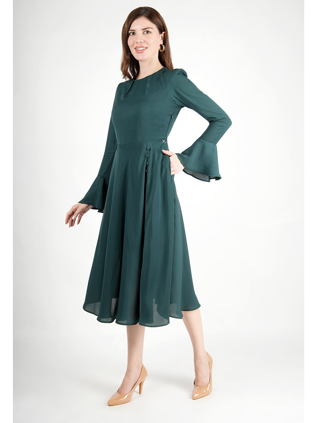 Exude Gleaming Fit & Flare Dress with Long Sleeves