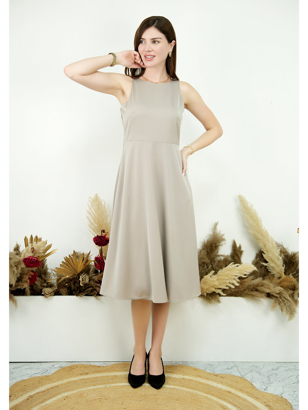 Exude Golden Glow Satin Dress with Pockets